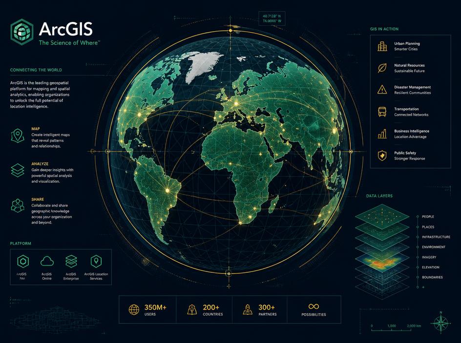 Ilustração técnica do globo com conexões digitais e plataforma ArcGIS